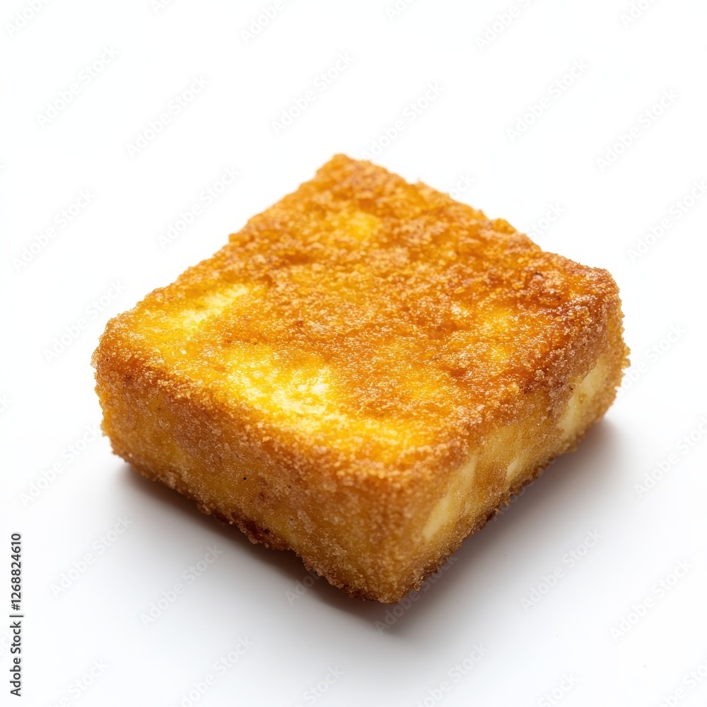 Poster golden fried tofu piece on a plain background highlighting its crispy texture and delightful appeara
