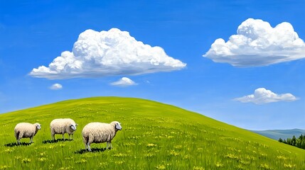 Obraz premium Three Sheep Grazing On A Green Hill Under Fluffy Clouds