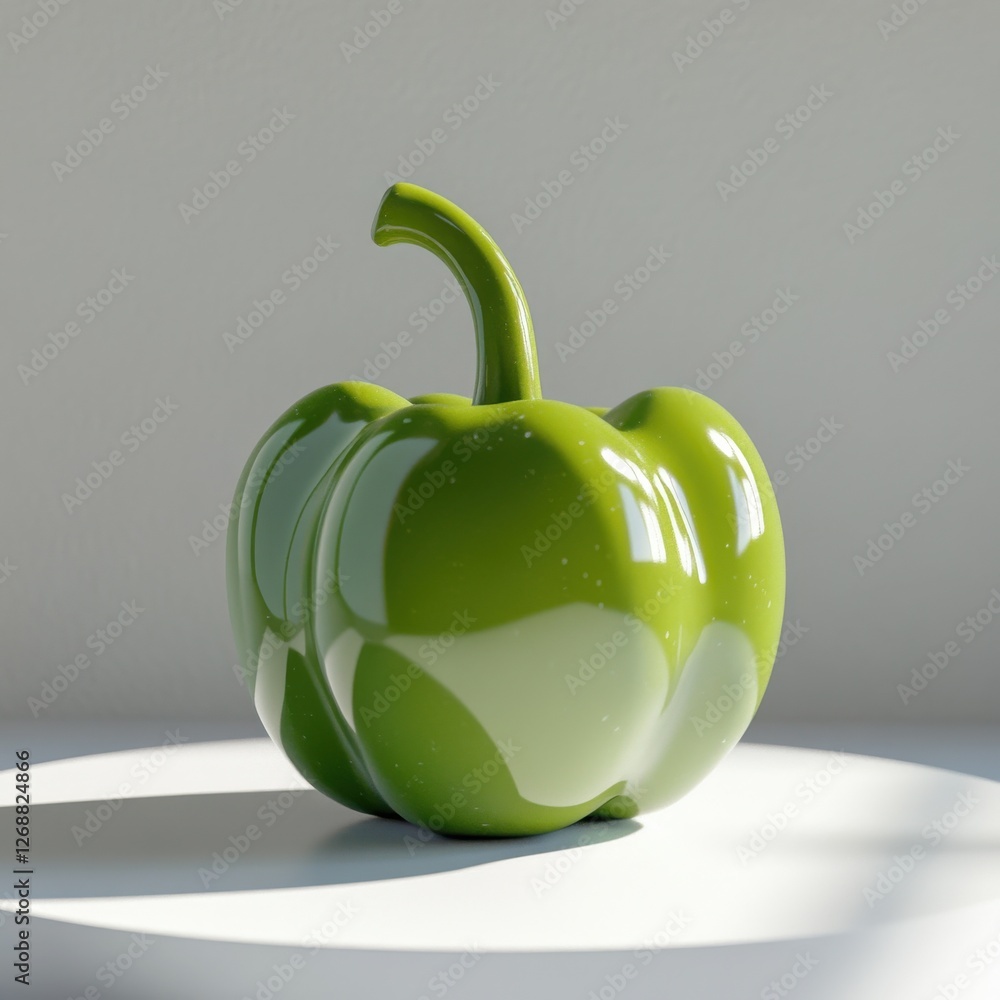 Aufkleber Fresh green bell pepper with glossy texture displays vibrant color and smooth surface under soft lighting on a white background