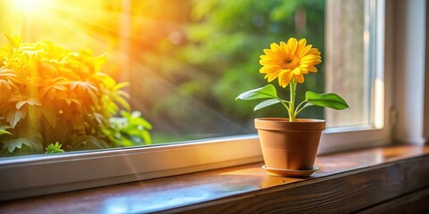 A bright yellow flower blooms in a small pot on a windowsill, radiating warmth and energy as sunlight filters through the glass, natural light, small pot
