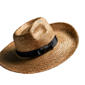 straw hat black ribbon isolated on transparent white background