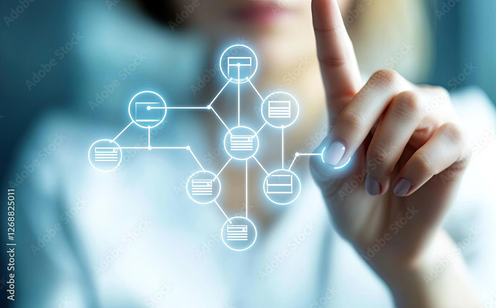 Poster woman interacting with digital network of documents and data flow visualization