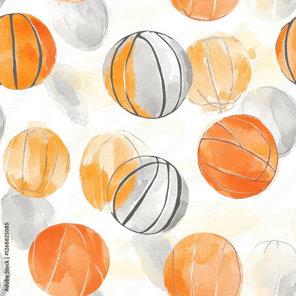 Poster colorful watercolor doodles of basketballs on a light background with playful patterns and a cheerfu
