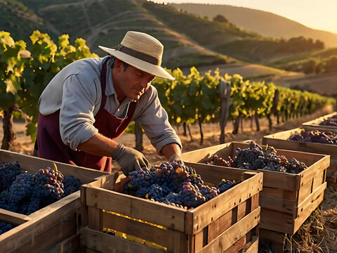 Grape Harvest Season: Farmer Picking Ripe Grapes in a Vineyard - Powered by Adobe