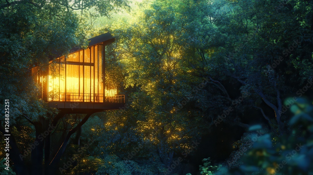 Poster glowing treehouse nestled in lush greenery creates a magical atmosphere at twilight