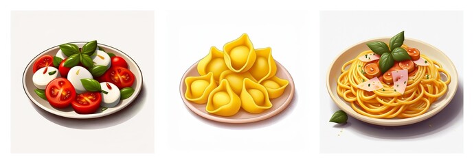 Three plates of Italian food: a caprese salad with tomatoes, mozzarella, and basil; tortellini pasta; and spaghetti carbonara.