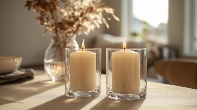 Warm candlelight illuminates a cozy living space with soft decor and a natural ambiance during the evening hours. Generative AI