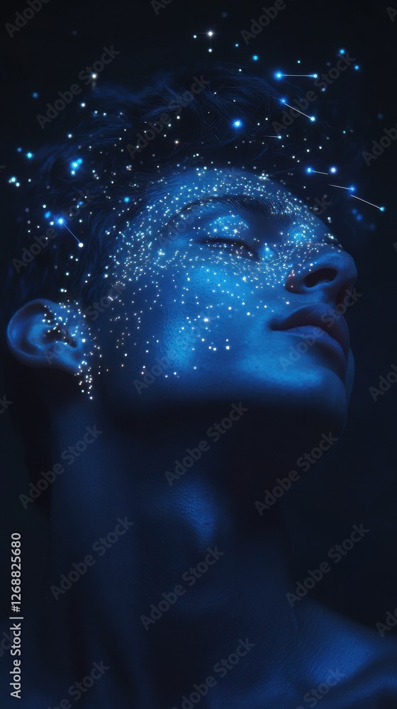 Leinwandbilder Serene portrait of a man's face illuminated by shimmering celestial lights in a tranquil setting at night