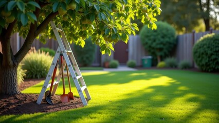 Obraz premium Tree trimming ladder, Suburban backyard extendable ladder pear tree garden tools daylight photorealism.