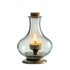 Glass oil lamp with cork top and burning candle flame in glass vase