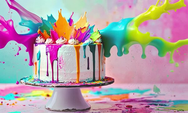Birthday party cake and paint splashes.