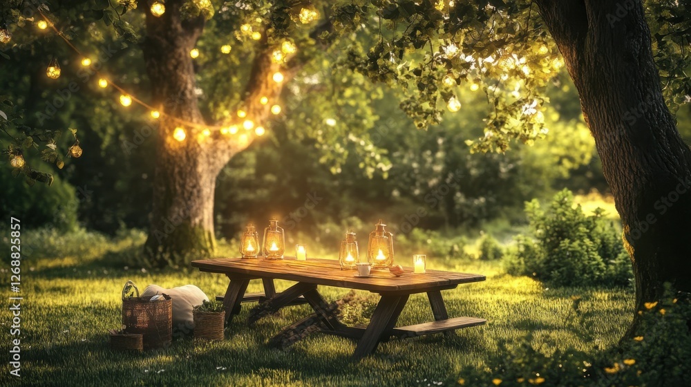 Poster serene picnic table set in a lush green garden illuminated by soft string lights during dusk