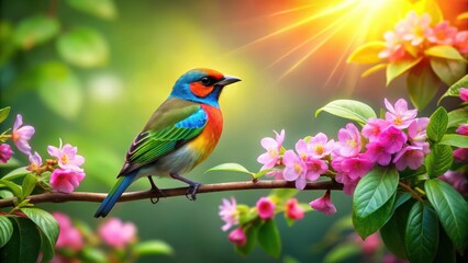 Obraz premium A serene bird perches on a branch with lush green leaves and vibrant flowers surrounding it, capturing the tranquility of nature , peaceful scene, birds