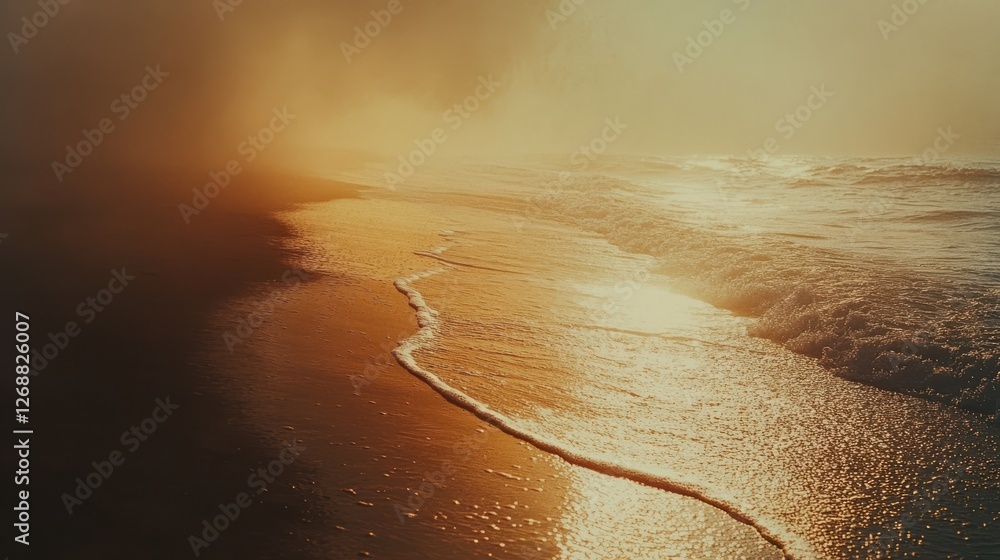 Poster serene beach at sunrise with golden light creating a peaceful atmosphere and gentle waves lapping at