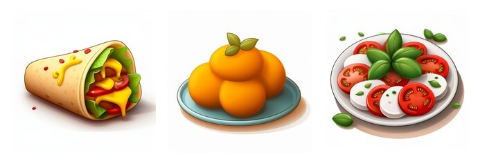 Three food items on a white background: a filled wrap, a plate of orange fruits, and a caprese salad with tomato, mozzarella, and basil.