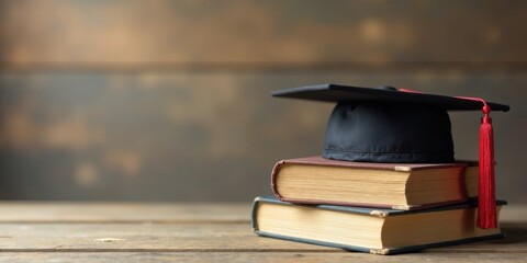 A mortarboard rests atop a stack of well-worn textbooks, symbolizing the culmination of academic pursuits and the pursuit of knowledge