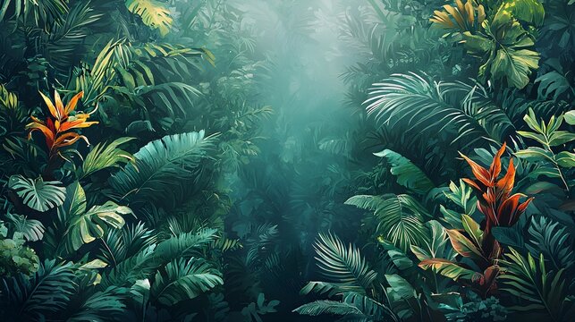 Tropical Jungle Scene Lush Foliage Vivid Colors