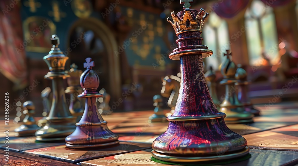 Poster 3d rendering of a chessboard with a focus on the king piece. the king is made of a reflective materi
