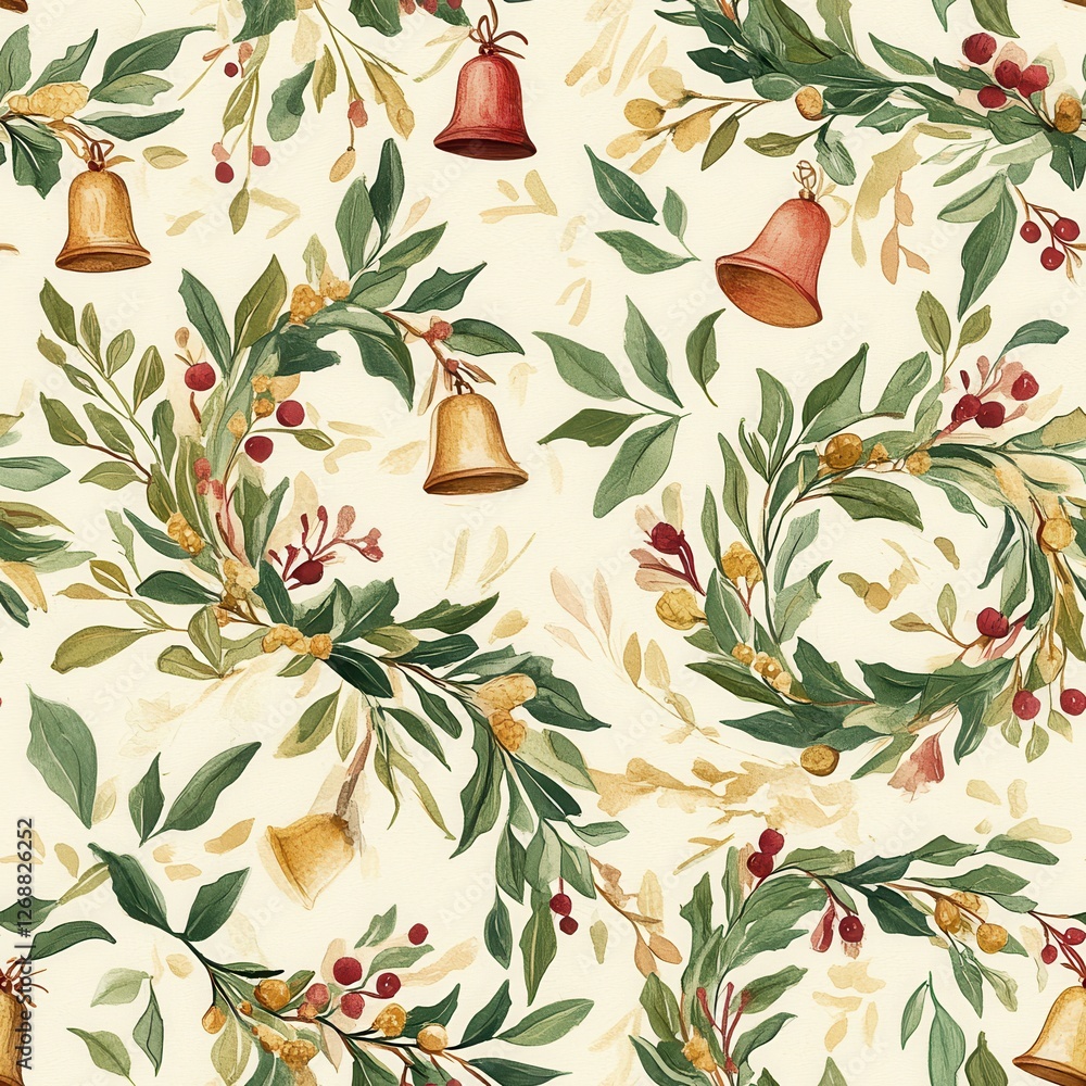 Poster colorful watercolor doodles of bells and foliage create a festive pattern in an enchanting design