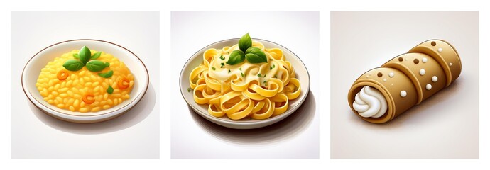 Three distinct dishes are presented: a plate of couscous with herbs, creamy pasta garnished with basil, and a cannoli filled with sweet cream.