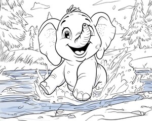 Obraz premium Happy Baby Elephant Splashing in Water Surrounded by Nature