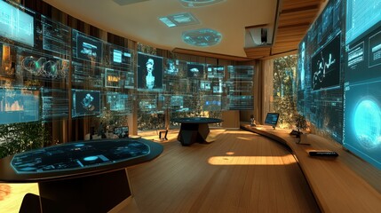 Futuristic Control Room with Advanced Holographic Display Technology