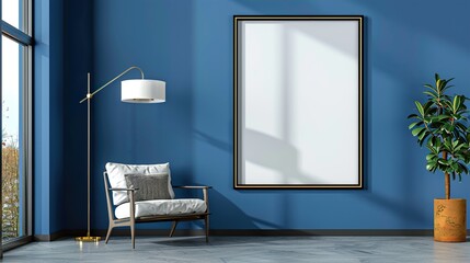 A rectangular frame on a blue accent wall with a stylish armchair and floor lamp. HD 8K mockup wallpaper Photographic Image