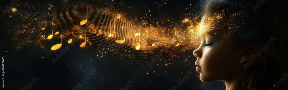 Aufkleber mystical profile of a child with flowing music notes and cosmic elements in a magical ambiance
