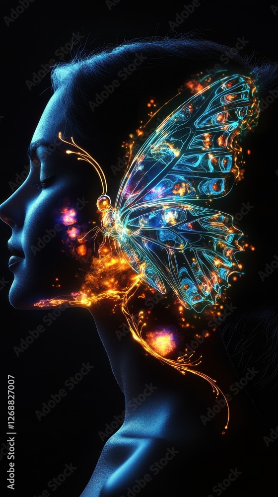 Aufkleber Mystical profile of a woman surrounded by glowing butterfly and cosmic elements in a dark setting