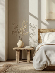 Minimalist bedroom with wooden nightstand and potted plant