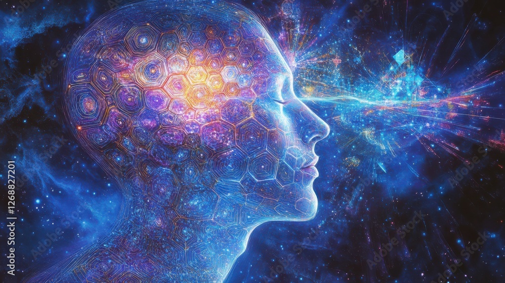 Leinwandbilder mystical profile of a man filled with cosmic energy and intricate patterns in a vibrant universe