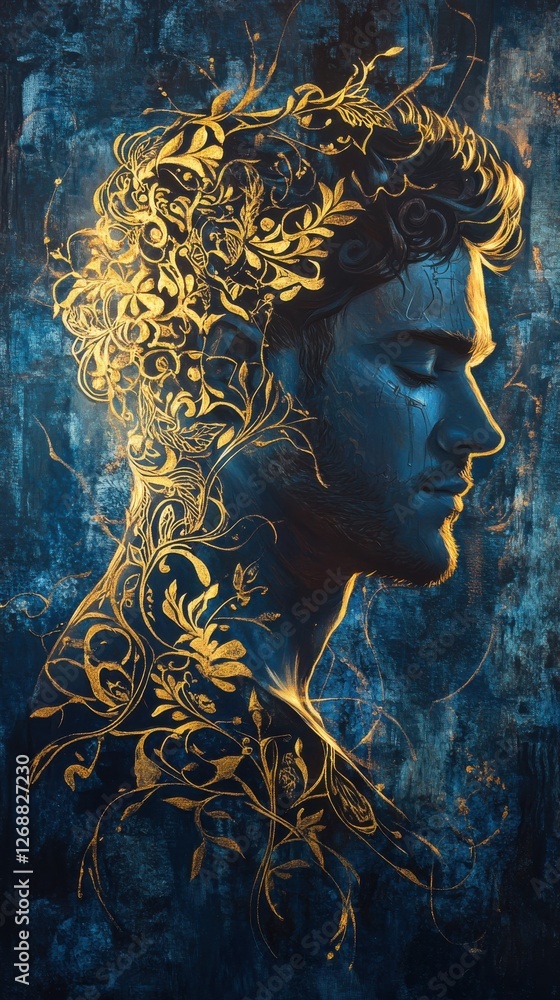 Poster mystical profile of a man adorned with intricate floral patterns in a deep blue background