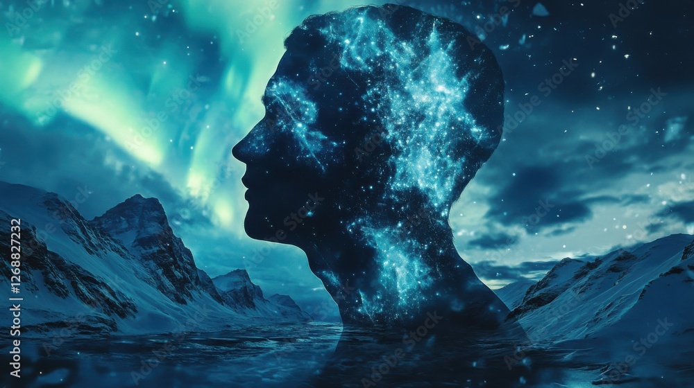 Poster mystical profile of a man with celestial elements under the northern lights in a serene landscape