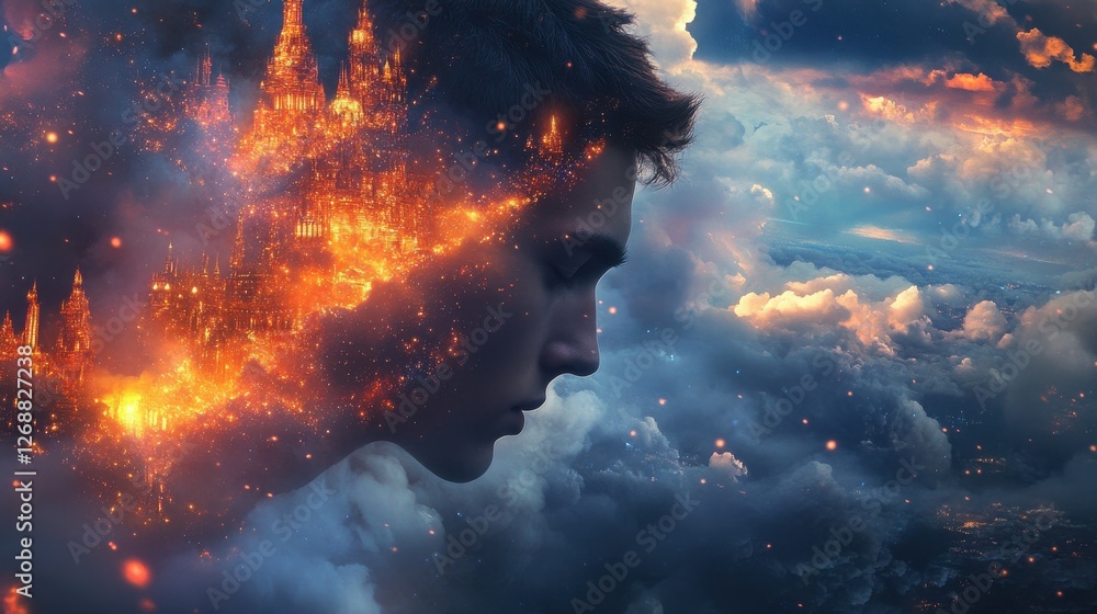 Poster mystical profile of a man blended with a fiery castle in a stormy sky during twilight