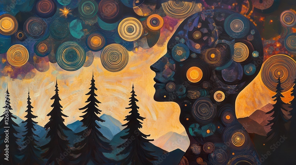 Poster mystical profile of a man filled with cosmic patterns and silhouettes of pines at twilight