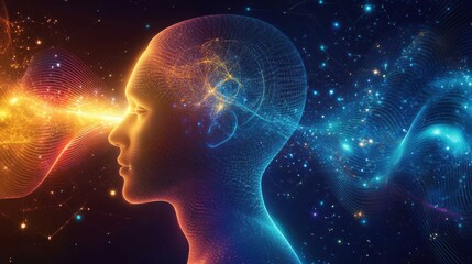 Mystical profile of a man filled with cosmic energy and vibrant colors representing thoughts and ideas