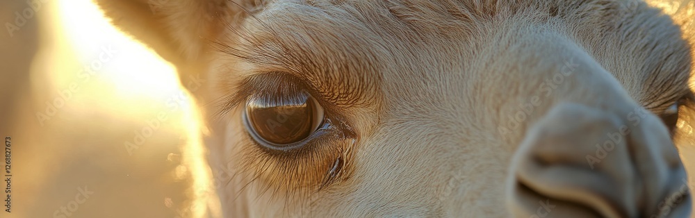 Poster close-up view of a curious camel calf's face in a desert environment during golden hour sunlight