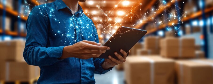 Person Using Tablet in Warehouse with Glowing Network Connections