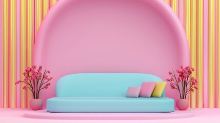 Pastel Pink and Blue Living Room Interior Design with Modern Sofa and Flowers