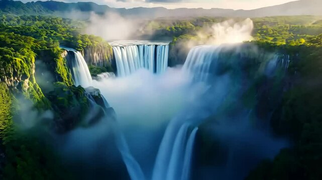 Salto angel waterfall plunging into jungle mist at sunset
