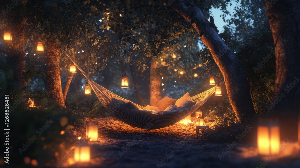 Poster glowing hammock surrounded by lanterns in a tranquil forest setting during twilight