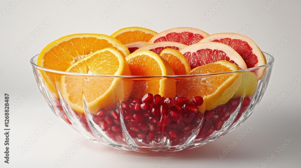 Poster freshly sliced oranges and grapefruits in a decorative bowl with pomegranate seeds at a bright count