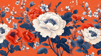 A red and blue floral design with white flowers