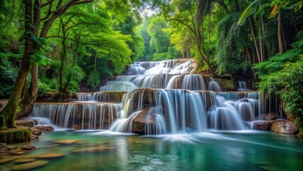 Fototapeta premium Dense foliage surrounds the base of a serene cascading waterfall in Pak Khlong , Pak Khlong