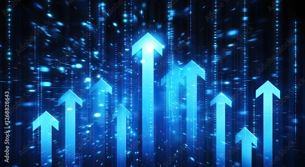Poster abstract digital growth concept with multiple blue arrows rising through a matrix of data streams