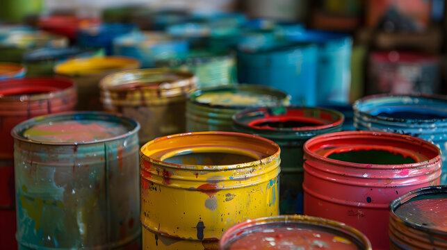 Colorful paint cans in art studio