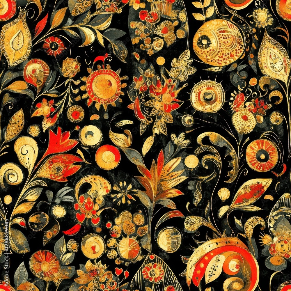 Poster dynamic watercolor doodle art featuring intricate floral patterns and vivid colors on a dark backgro