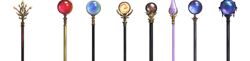 Collection of fantasy magical staffs with ornate designs and gemstone orbs