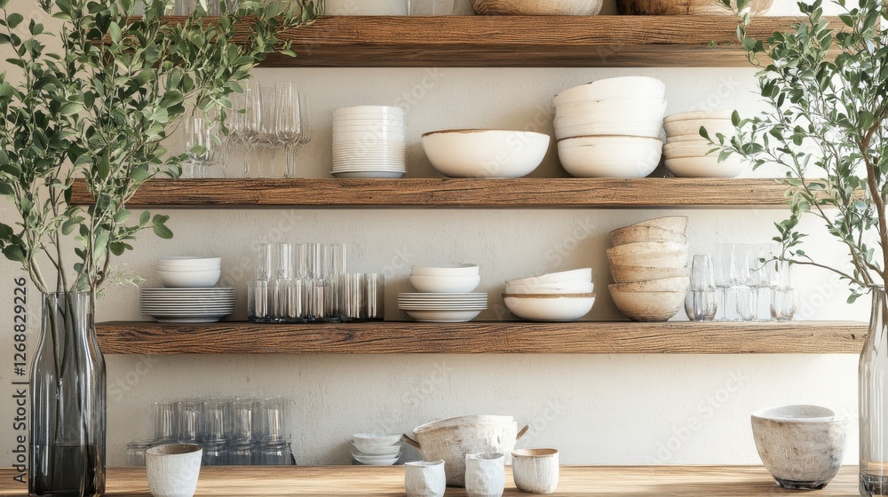 Aufkleber rustic dining room featuring open shelving adorned with ceramic dishware and glassware for an inviti