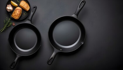 Empty cast iron frying pan on dark culinary background, view from above. Food background with free space for text